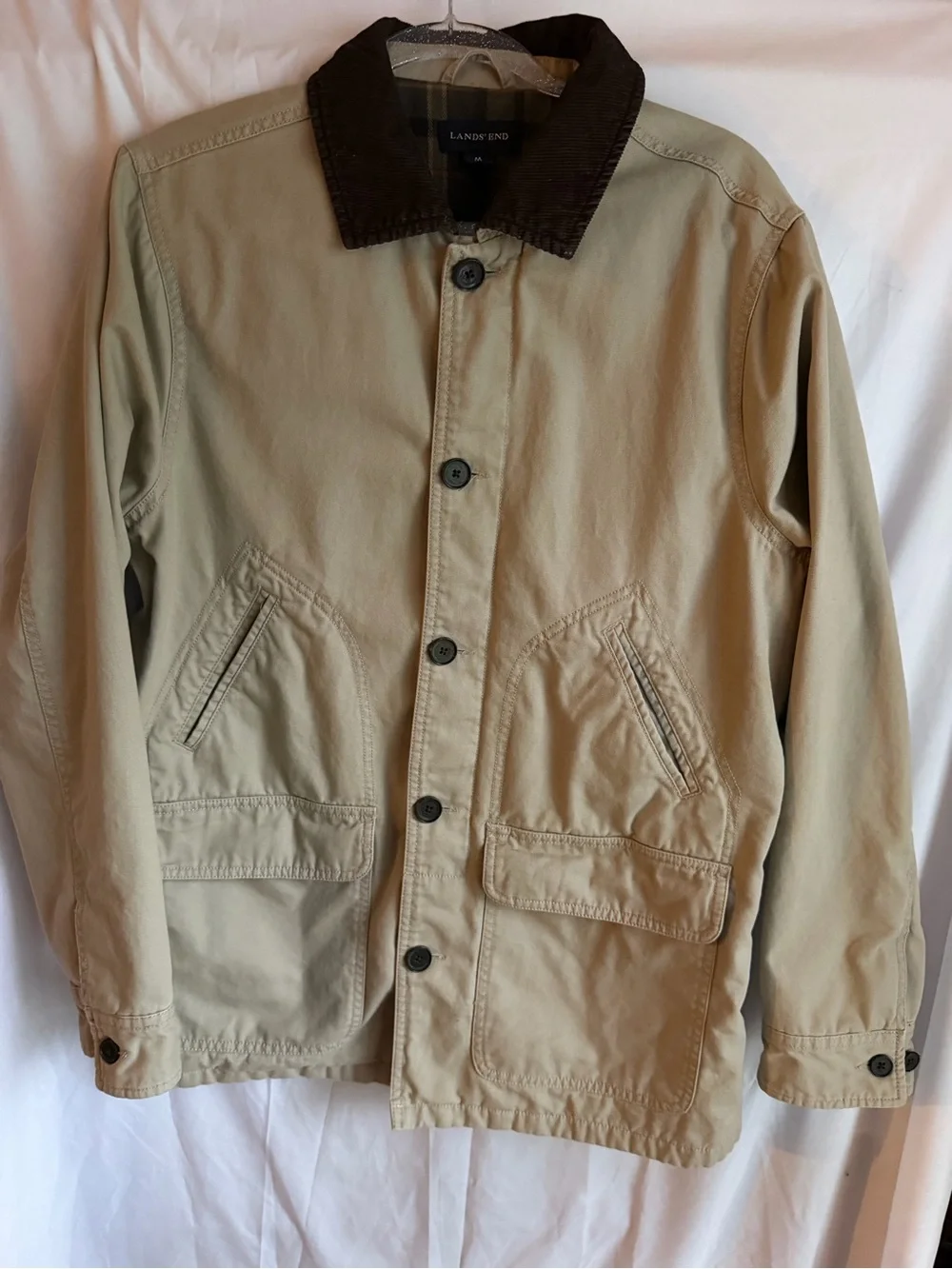 Men’s Lands End Barn Coat Jacket Tan Corduroy collar flannel Lined Chore M